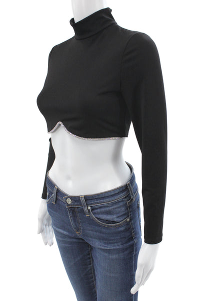 Alice + Olivia Women Cropped Lace Turtleneck Top Black Long Sleeve Zip Size S