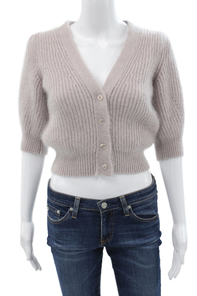 Celine Unisex Cardigan Beige Mohair Silk V Neck Striped 3/4 Sleeve Size XS