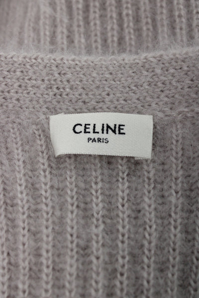 Celine Unisex Cardigan Beige Mohair Silk V Neck Striped 3/4 Sleeve Size XS