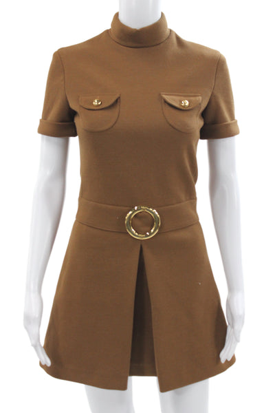 Celine Womens Brown Wool Mock Neck Short Sleeve Mini Shift Dress Size XS