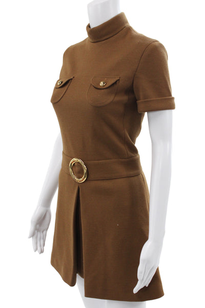 Celine Womens Brown Wool Mock Neck Short Sleeve Mini Shift Dress Size XS