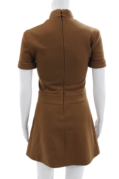Celine Womens Brown Wool Mock Neck Short Sleeve Mini Shift Dress Size XS