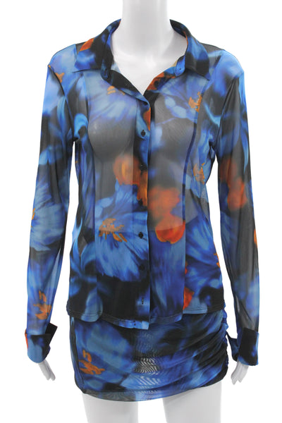 MNG Women Floral Collared Mini Set Blue Long Sleeve Size M