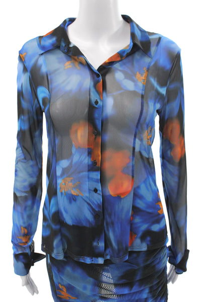 MNG Women Floral Collared Mini Set Blue Long Sleeve Size M