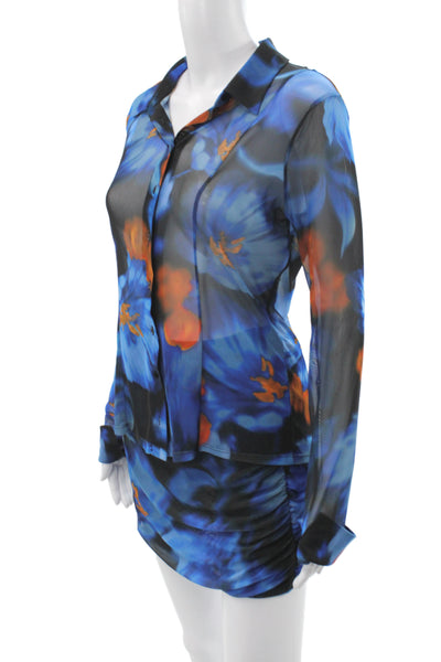 MNG Women Floral Collared Mini Set Blue Long Sleeve Size M