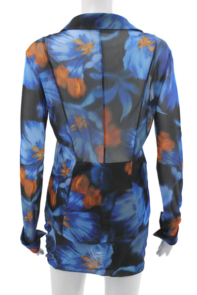 MNG Women Floral Collared Mini Set Blue Long Sleeve Size M