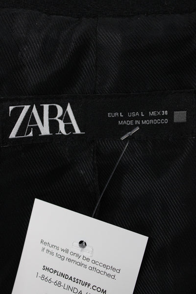 Zara Womens Overcoat Black Wool Blend Collared Button Front Size L