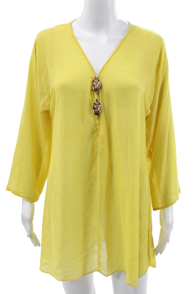 Devon Windsor Womens Yellow V-Neck Tunic 3/4 Sleeve Solid Polyester Size S