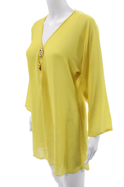 Devon Windsor Womens Yellow V-Neck Tunic 3/4 Sleeve Solid Polyester Size S