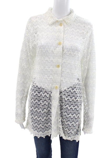 Muze Womens Cropped Lace Denim Cotton Collared Long Sleeve Button Blouse Size S