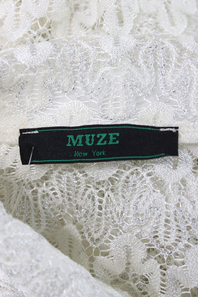 Muze Womens Cropped Lace Denim Cotton Collared Long Sleeve Button Blouse Size S
