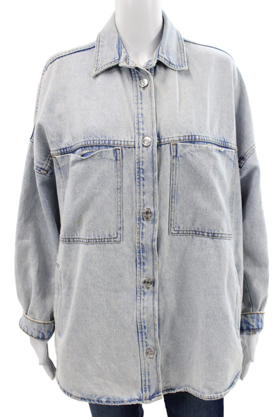 Muze Womens Cropped Lace Denim Cotton Collared Long Sleeve Button Blouse Size S
