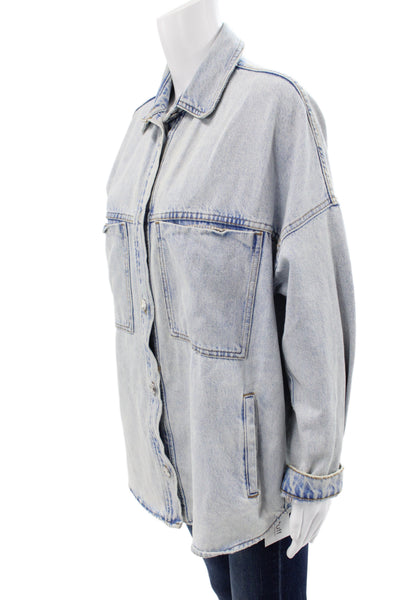 Zara Womens Light Blue Collared Cotton Button Long Sleeve Jacket Size M