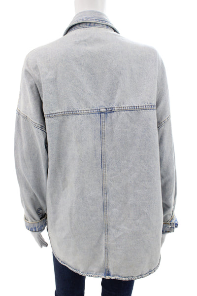 Zara Womens Light Blue Collared Cotton Button Long Sleeve Jacket Size M