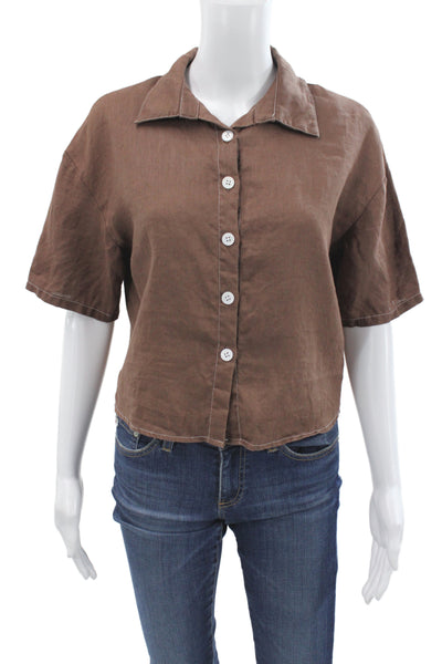 Muze Womens Cropped Linen Collared Button Up Blouse Brown Short Sleeve Size S