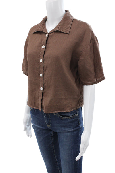 Muze Womens Cropped Linen Collared Button Up Blouse Brown Short Sleeve Size S