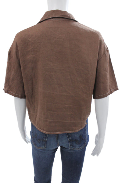 Muze Womens Cropped Linen Collared Button Up Blouse Brown Short Sleeve Size S