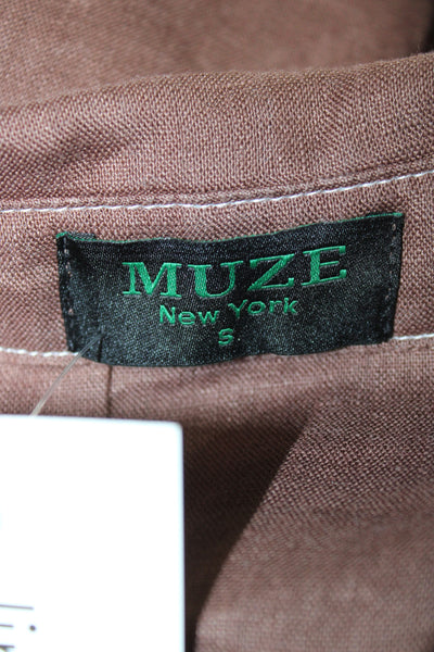 Muze Womens Cropped Linen Collared Button Up Blouse Brown Short Sleeve Size S