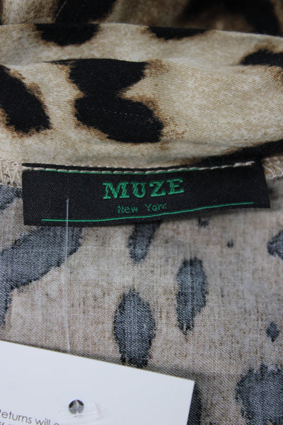 Muze Women Beige Animal Print Button Blazer Wool Blend Longsleeve Size S