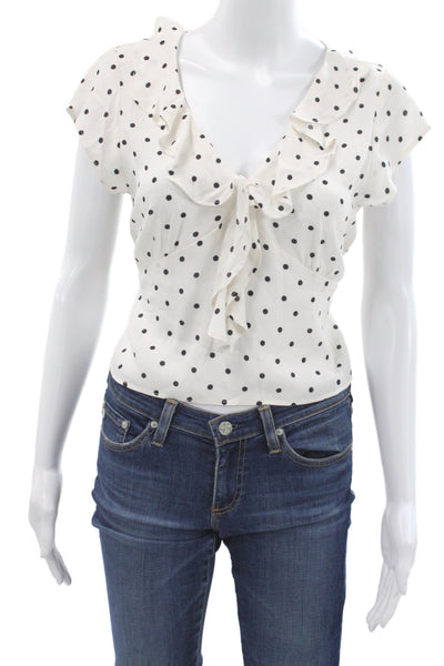 MNG Womens White Linen Polka Dot V-Neck Drawstring Short Sleeve Blouse Size 6