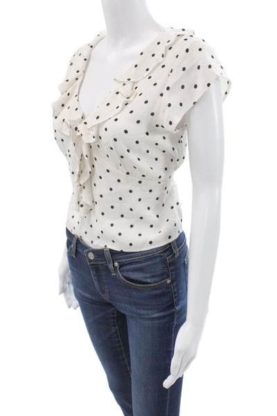 MNG Womens White Linen Polka Dot V-Neck Drawstring Short Sleeve Blouse Size 6