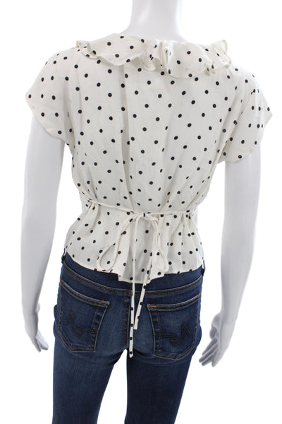 MNG Womens White Linen Polka Dot V-Neck Drawstring Short Sleeve Blouse Size 6