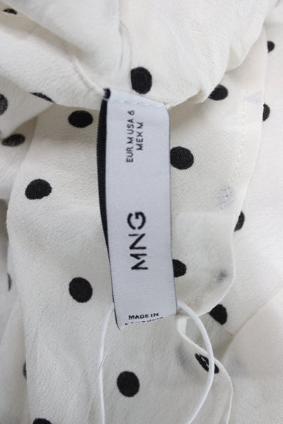 MNG Womens White Linen Polka Dot V-Neck Drawstring Short Sleeve Blouse Size 6