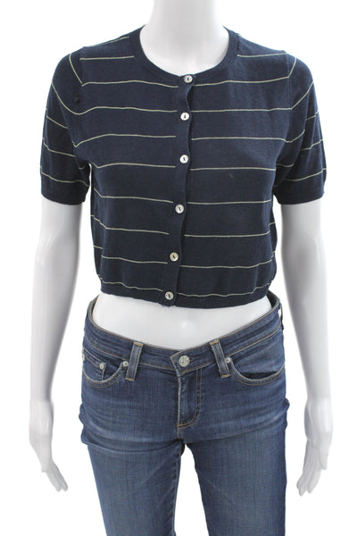 Zara Womens Cardigan Dark Blue Striped Cotton Short Sleeve Size S