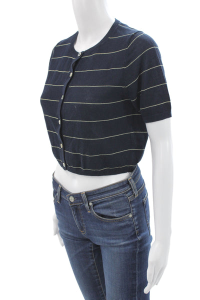 Zara Womens Cardigan Dark Blue Striped Cotton Short Sleeve Size S