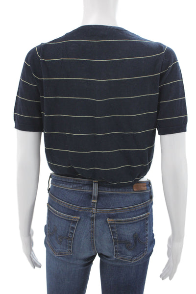 Zara Womens Cardigan Dark Blue Striped Cotton Short Sleeve Size S