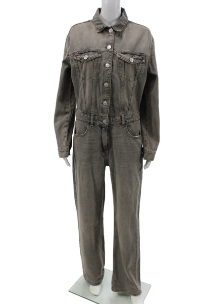Zara Womens Gray Long Sleeve Collared Jumpsuit Size M