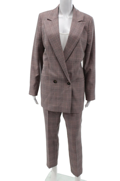 Ganni Womens Double Breasted Plaid Long Sleeve Blazer Pants Suit Set Pink Sz 40