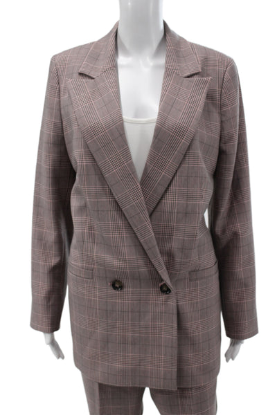 Ganni Womens Double Breasted Plaid Long Sleeve Blazer Pants Suit Set Pink Sz 40