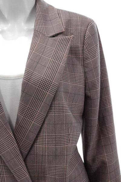 Ganni Womens Double Breasted Plaid Long Sleeve Blazer Pants Suit Set Pink Sz 40