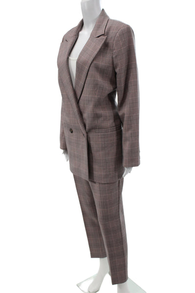 Ganni Womens Double Breasted Plaid Long Sleeve Blazer Pants Suit Set Pink Sz 40