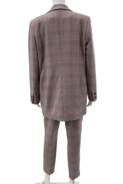 Ganni Womens Double Breasted Plaid Long Sleeve Blazer Pants Suit Set Pink Sz 40
