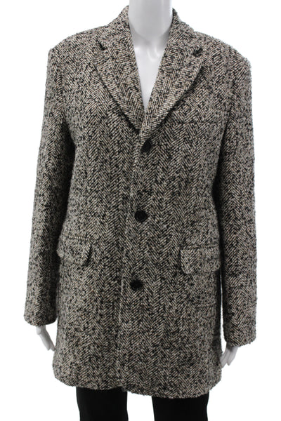 Zara Womens Overcoat Black Herringbone Plaid Wool Blend Collared Button Size M