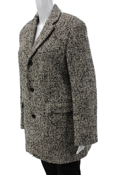 Zara Womens Overcoat Black Herringbone Plaid Wool Blend Collared Button Size M