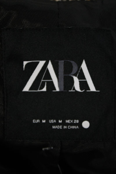 Zara Womens Overcoat Black Herringbone Plaid Wool Blend Collared Button Size M