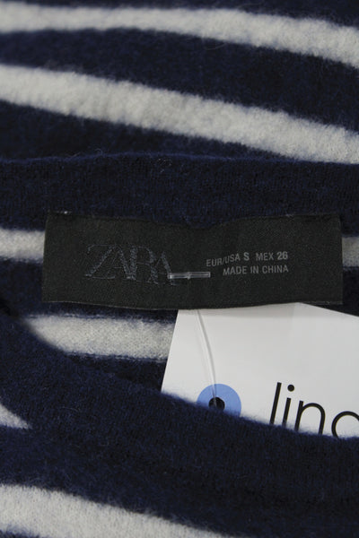 Zara Unisex Dark Blue Striped Wool Crew Neck Pullover Sweater Size S