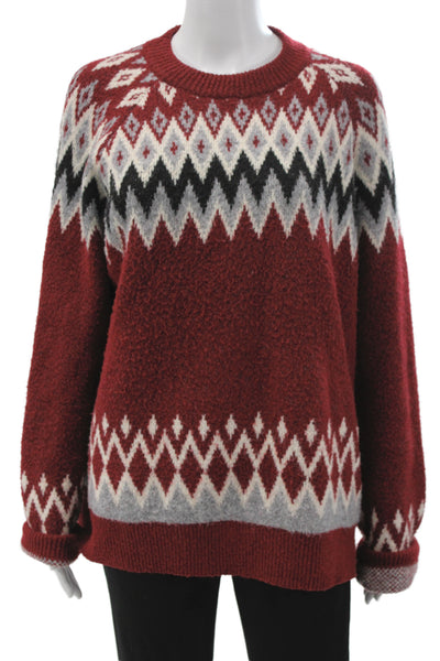 More To Come Unisex Cardigan Fair Isle Red Cashmere Silk Crew Neck Size M