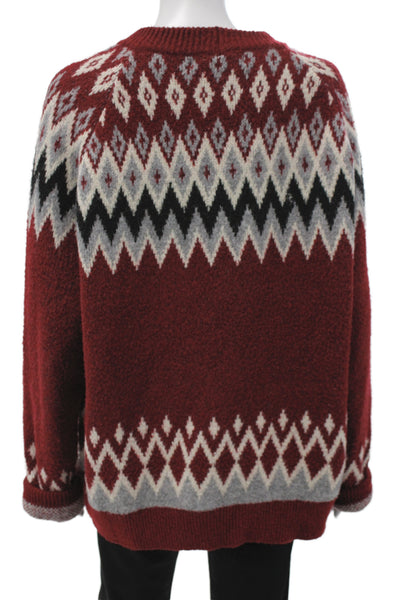 More To Come Unisex Cardigan Fair Isle Red Cashmere Silk Crew Neck Size M
