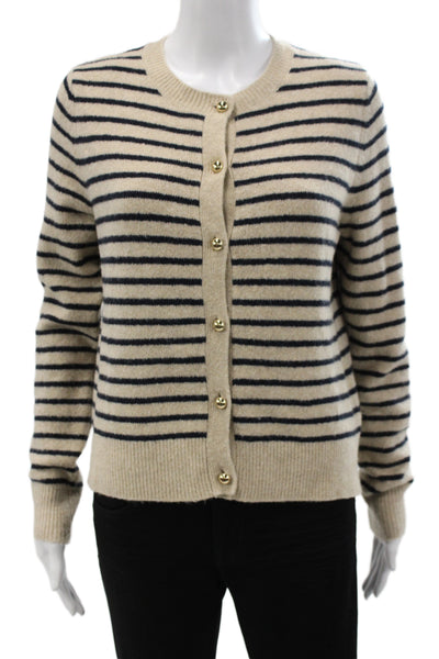 Zara Unisex Beige Striped Button Cardigan Crew Neck Acrylic Wool Size M