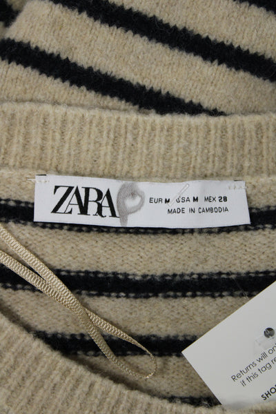 Zara Unisex Beige Striped Button Cardigan Crew Neck Acrylic Wool Size M