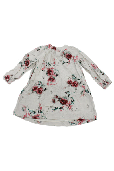 Bonpoint Girls Long Sleeve Crew Neck Floral Dress Gray Red Cotton Size 3T