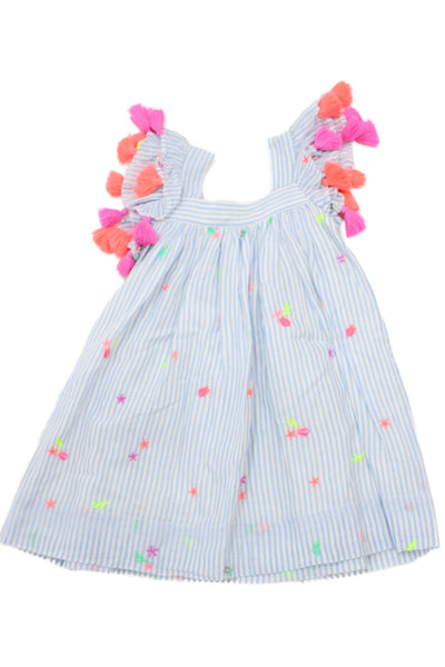 Nellystella Girls Sleeveless Neon Tassel Embroidered Striped Dress Blue White 1