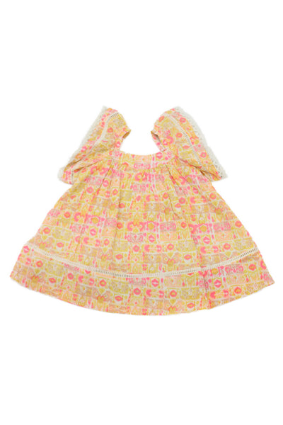 Louise Misha Girls Short Sleeve Square Neck Abstract Dress Yellow White Pink 12M