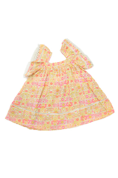 Louise Misha Girls Short Sleeve Square Neck Abstract Dress Yellow White Pink 12M
