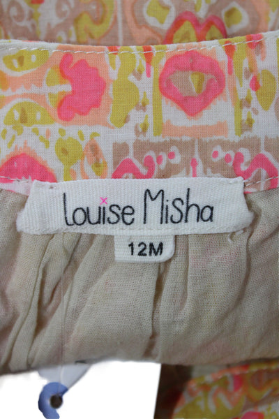 Louise Misha Girls Short Sleeve Square Neck Abstract Dress Yellow White Pink 12M