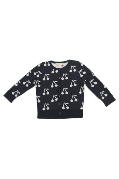 Bonpoint Girls Button Fornt Cherry Logo Knit Cardigan Sweater Navy White Size 3